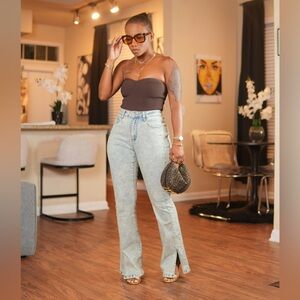 Brown Strapless Ribbed Top